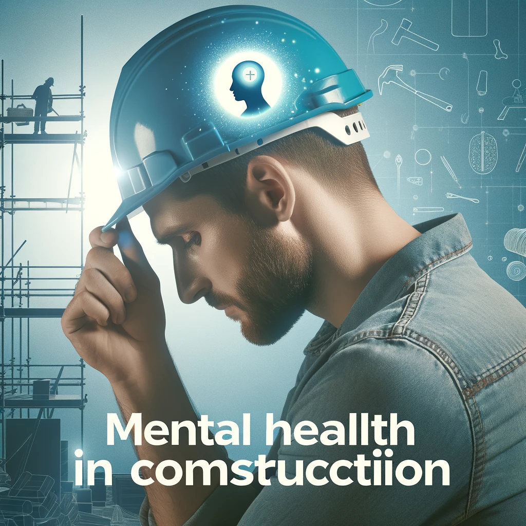 Construction worker in reflective pose wearing a hard hat, symbolizing mental health awareness in the UK construction industry. Background shows scaffolding and tools, with calming blue and green tones to represent support and well-being.