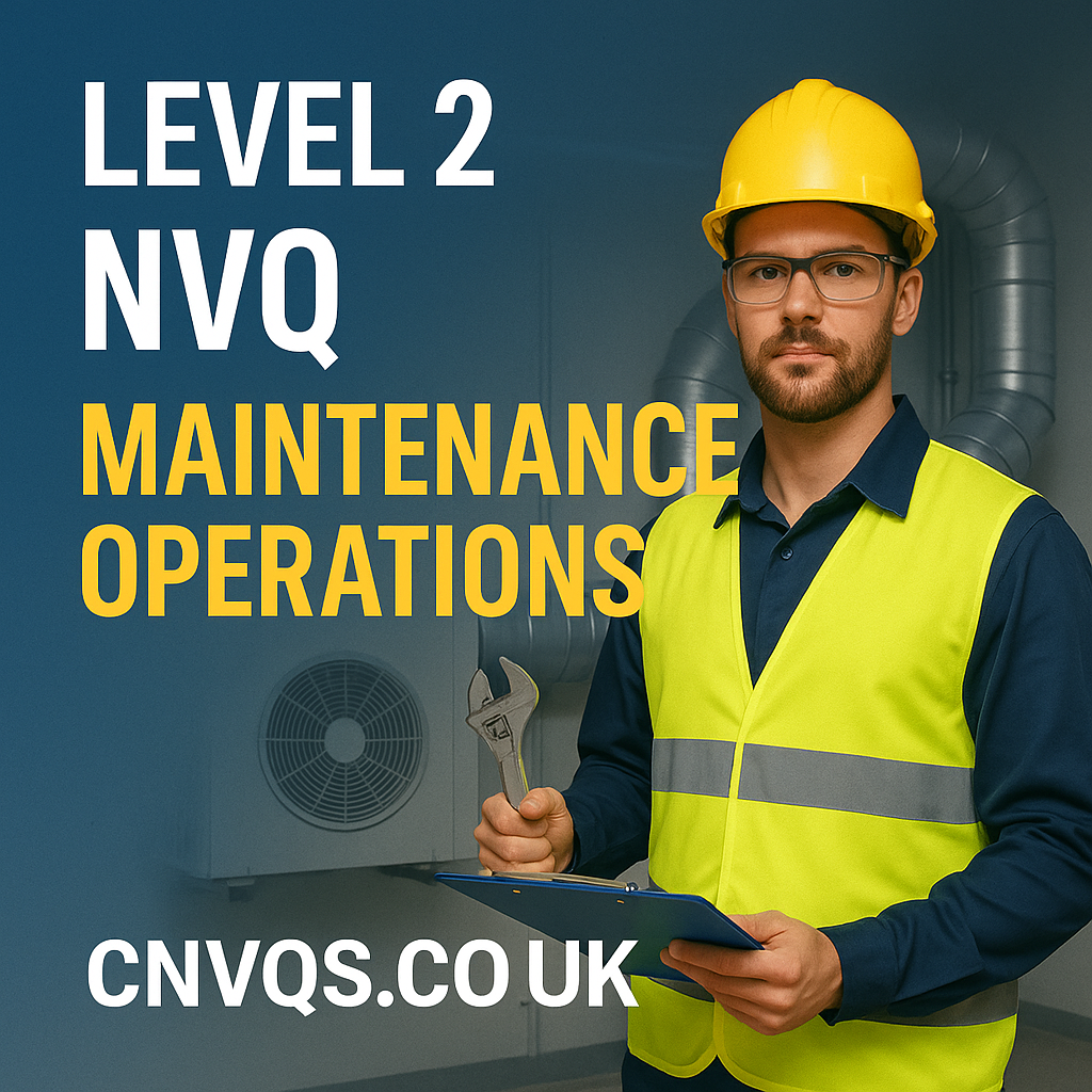 Male maintenance technician in yellow hard hat and hi-vis vest, holding a wrench and clipboard, standing in front of HVAC equipment. Bold white and yellow text reads “Level 2 NVQ Maintenance Operations” with CNVQS.CO.UK branding.